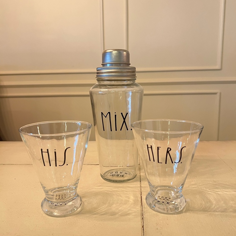 Rae Dunn Clear His & Hers Glass Set with Mixer